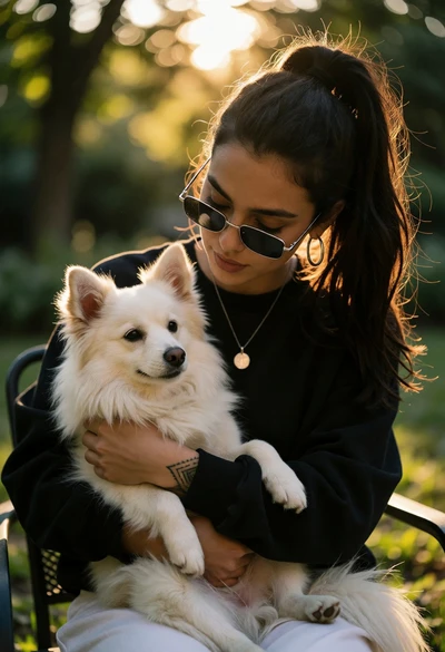 Young woman with dark ponytail holding white dog outdoors in golden sunlight