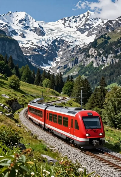 Sleek red electric train curving through a majestic alpine mountain valley landscape