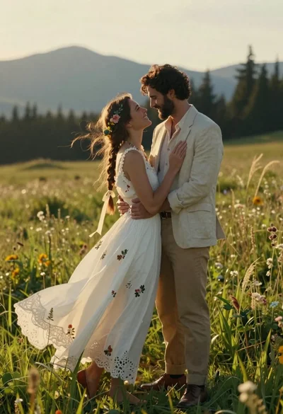 Romantic couple embracing in a sunlit meadow with mountains in background