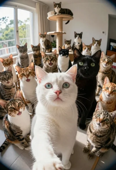 White cat taking a selfie with many other cats