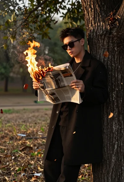 Man in black coat leaning on tree holding burning newspaper at golden