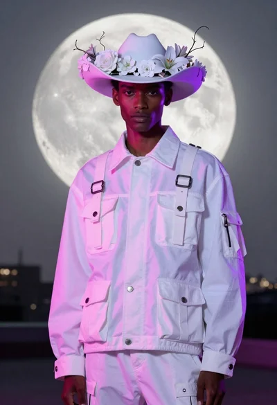 Model in white cargo jacket under luminous full moon