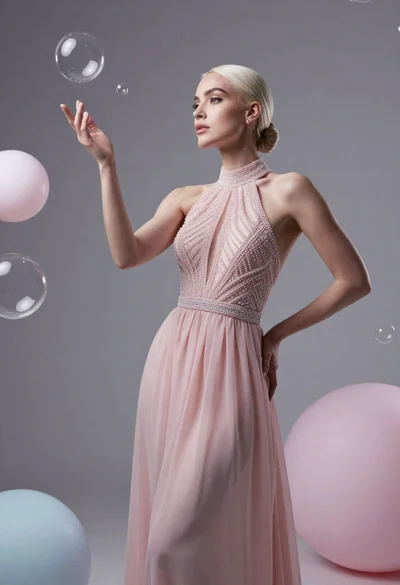 Woman in pink gown surrounded by floating glass orbs