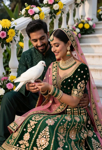 South asian couple in traditional wedding attire holding dove on white stone