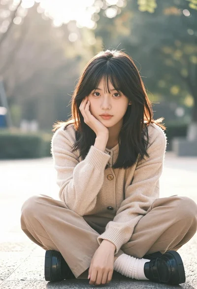 Young east asian woman in beige cardigan seated outdoors at golden hour