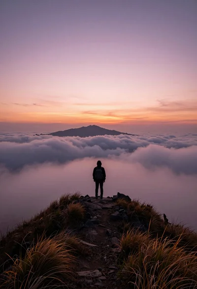 Solitary hiker silhouette atop mountain peak above sea of clouds at sunrise
