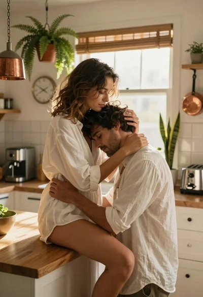 Young couple embracing in a sunlit kitchen during golden hour
