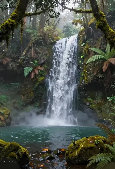 Mystical waterfall cascading into misty pool surrounded by lush forest greenery