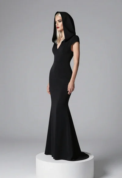 Full body portrait of blonde woman in elegant black gown on pedestal