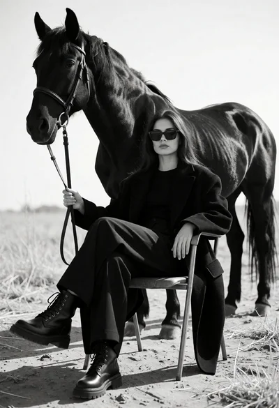 Monochrome portrait of woman seated near a black horse in an open