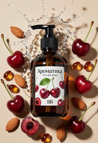 Topdown studio shot of amber pump bottle with cherries and almonds