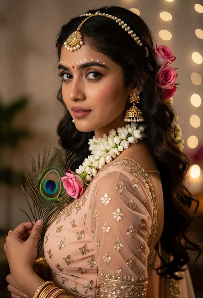 Young woman in peach blouse with roses looking over shoulder portrait