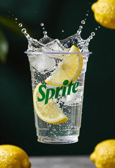 Clear plastic cup with fizzy liquid ice cubes and lemon slices suspended