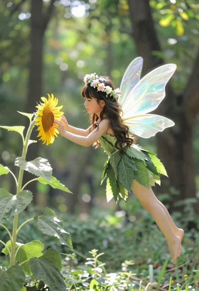 Young fairy girl touching sunflower in sunlit lush green forest