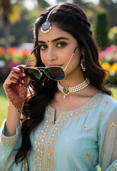 Close up portrait of woman with dark hair holding sunglasses in garden