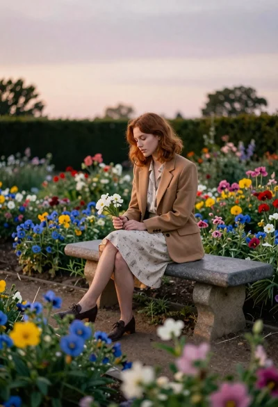 Young woman in camel blazer holding flowers on stone bench in garden