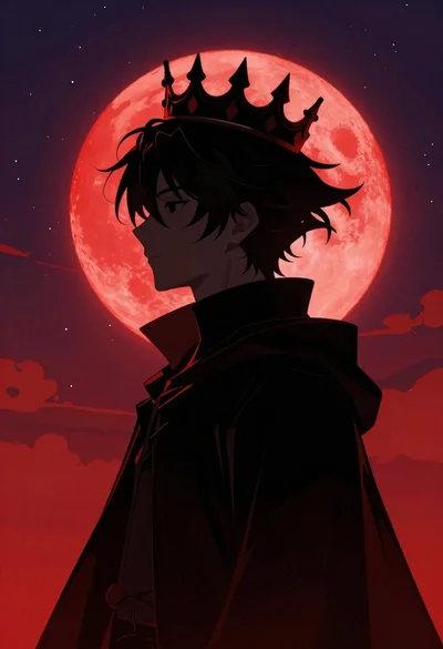 Mysterious figure in ornate crown against starry night sky