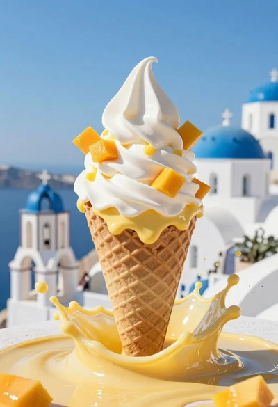 Giant waffle cone ice cream swirl with yellow sauce and diced mango