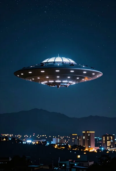 Ufo hovering over mountain city skyline at night