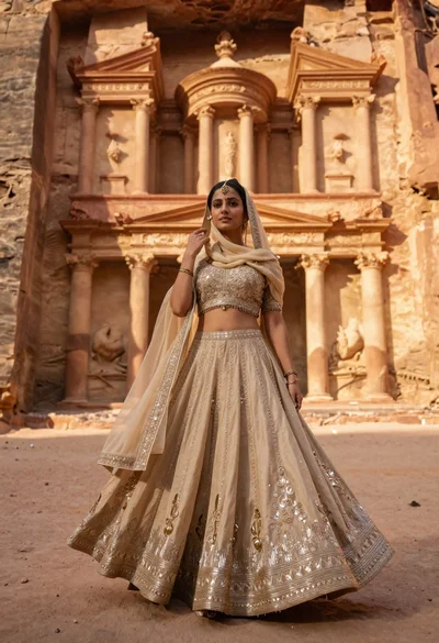 Young woman in beige lehenga standing before ancient carved stone architecture