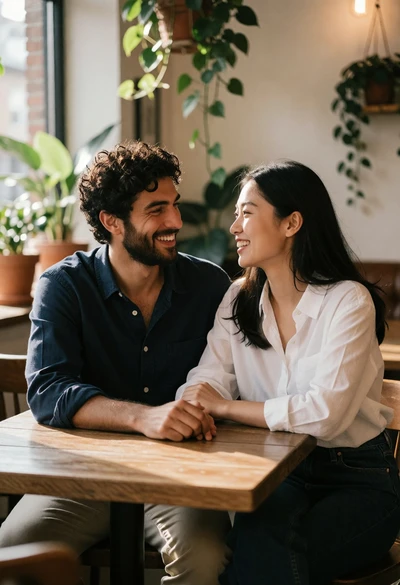 Couple sharing a candid moment at a cozy cafe table indoors