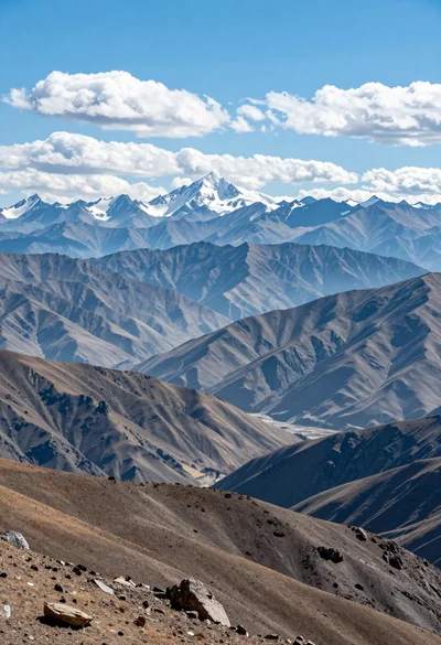 Majestic panoramic view of layered mountain ranges under bright blue sky