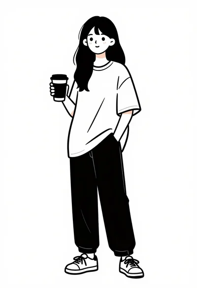 Line art illustration of young woman standing casually