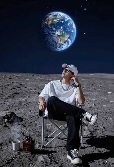 Young man sitting on moon surface viewing earth from folding chair