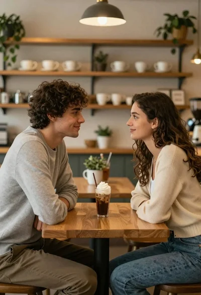 Young couple seated intimately in cozy cafe setting with coffee