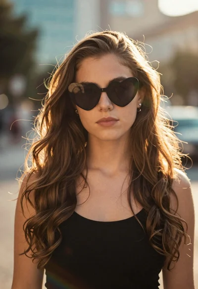 Young woman with long wavy brown hair wearing heart shaped sunglasses