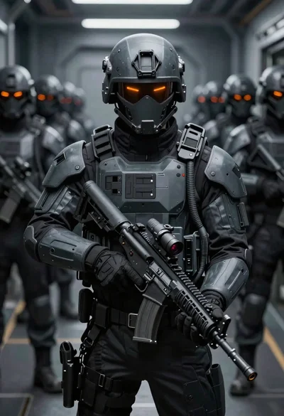 Futuristic soldier in tactical armor corridor