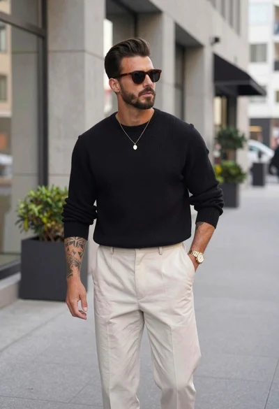 Stylish man in black sweater and cream trousers on city sidewalk