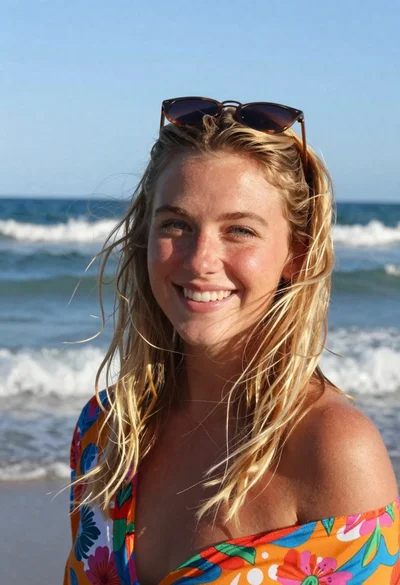 Smiling woman with blonde hair by blue ocean waves