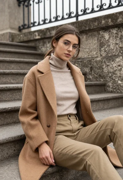 Young woman in coat sitting on stone steps outdoors under overcast sky