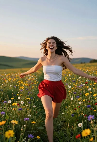 Joyful woman running through wildflower meadow at sunset with flying dark hair