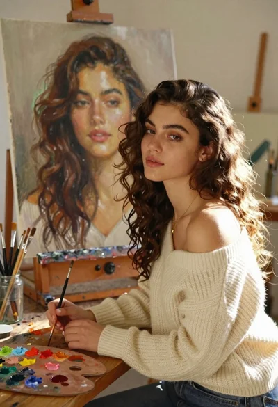 Young woman with brown hair painting a portrait in art studio