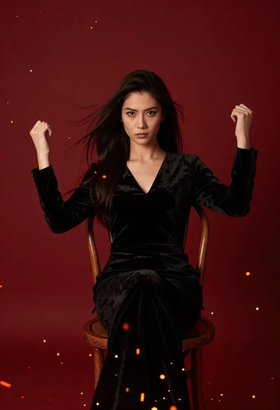 Woman seated in black velvet chair against red sparks