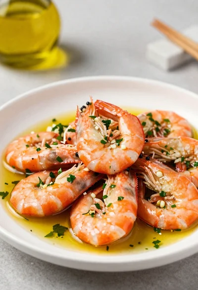 Macro photo of shrimp piled on a white plate