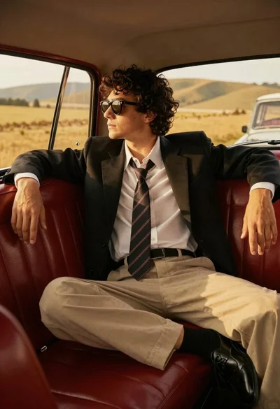 Young man in black suit sitting in vintage car looking out window