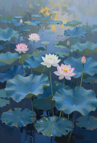 Oil painting of lotus flowers on a misty pond