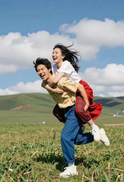 Two friends running through grassy hills laughing joyfully