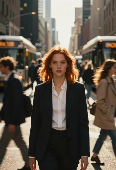 Young woman with red hair in blazer on busy city street