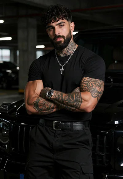 Muscular man with beard leaning on black luxury suv in garage