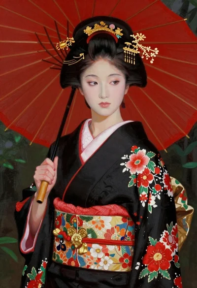 Japanese woman in black kimono holding red umbrella