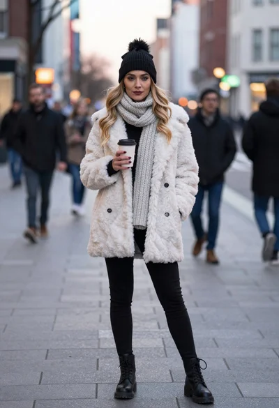 Woman standing on busy city street at dusk