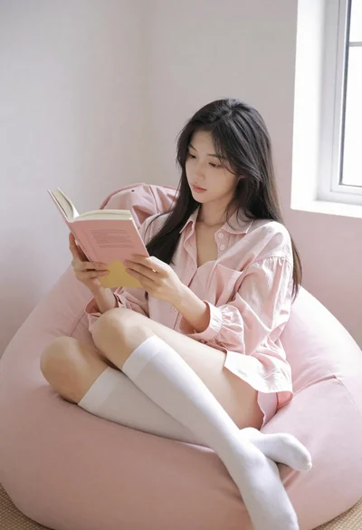 Young woman reading book on pink bean bag chair in bright room