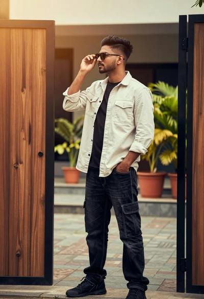 Man standing by modern gate with wooden panels at golden hour