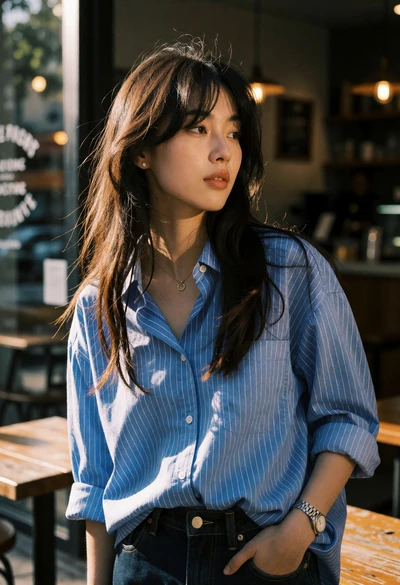 Young woman in striped shirt at outdoor cafe patio during warm sunlight
