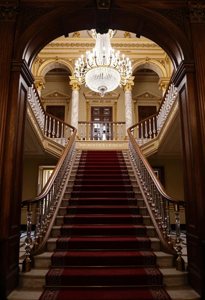 Grand ornate double staircase viewed through a dark carved wooden archway