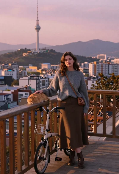 Woman in grey sweater petting orange cat on balcony at sunset